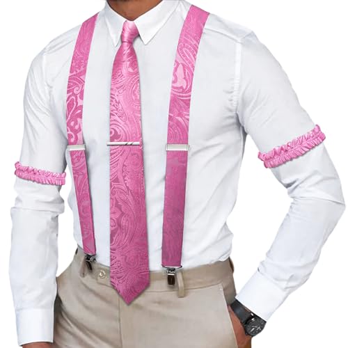 Image of Barry.Wang Men Suspender Set with Necktie Elastic Y Type Heavy Duty 6 Clips Braces Tie Handkerchief Cufflink Pin 6PCS