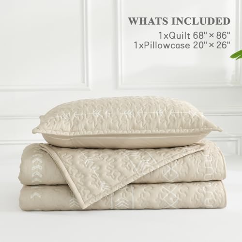 Image of Andency Beige Twin Quilt Set, 2 Pieces Boho Lightweight Soft Striped Bedspread for All Season (68 inchx86 inch), Printed Bohemian Polyester Reversible Coverlet Comoforter Sets