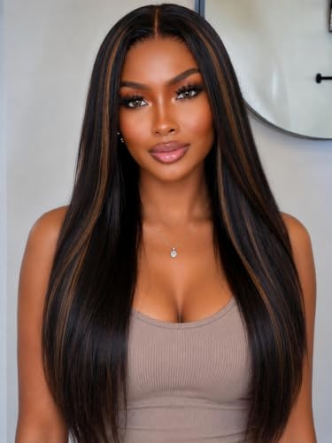 Image of KLAIYI Bye Bye Slip Golden Brown Highlight Glueless Yaki Straight Precut 7x5 Lace Front Wigs Human Hair Drawstring Ombre Pre Plucked Bleached Knots 30S Ready to Wear and Go Wig with Dark Roots 24Inch