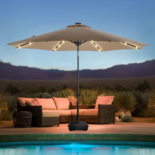wikiwiki 11FT Solar LED Patio Umbrella with Base, Tan