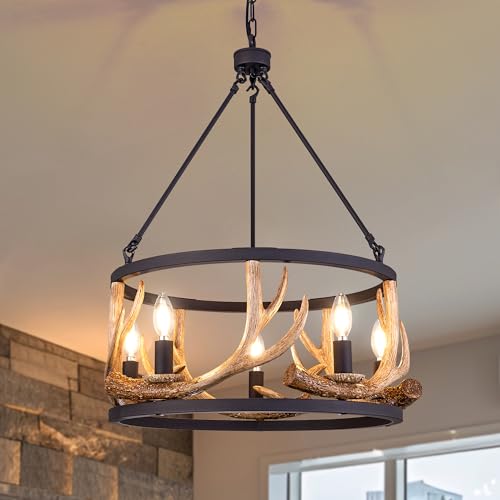 Wellmet Farmhouse Antler Chandelier 5-Light, Rustic Deer Pendant Hanging Lighting