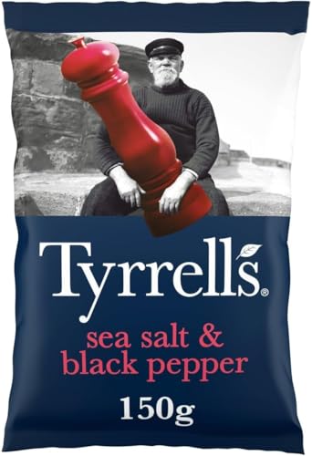 Tyrrells Crisps SEA SALT & BLACK PEPPER Sharing Crisps 150g Bag - Hand-cooked & spun for an exquisite fresh taste. No artificial flavour colours or MSG