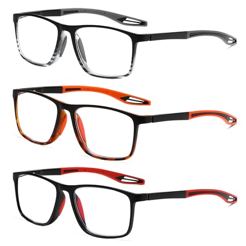 Lutonglenss TR90 Sports Style Reading Glasses for Men Anti-Slip 3 Pack Blue Light Blocking Readers With Spring Hinges Sturdy Rectangle Lightweight Flexible and Trendy Design +2.0