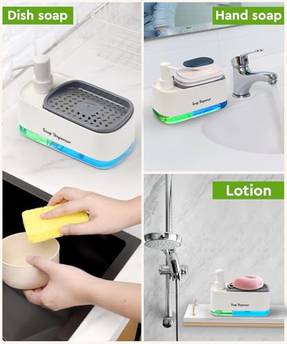 Image of 5-in-1 Kitchen Soap Dispenser Set with Sponge Holder - Dual Hand & Dish Soap Pump Dispenser for Sink Countertop with 2-Packs Natural Loofah Dish Sponge Dishwashing Scrubber,White