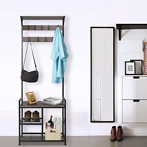Homekoko Coat Rack Shoe Bench, Hall Tree Entryway Storage Bench, Wood Look Accent Furniture With Metal Frame, 3-In-1 Design #TOP7