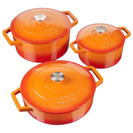 Cooks Professional Set of 3 Cast Iron Casserole Dishes with Lid & Handles | 20, 26 & 28cm | Colourful Enamelled Cooking Pans Pots | Suitable For All Hobs Inc Induction | Oven & Grill Safe | Orange