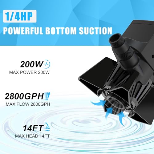 2800GPH Pond Pump - 200W Submersible Water Pump with Barrier Bag, Ultra Quiet Aquarium Pump with 33FT Power Cord for Pond, Waterfall, Fish Tank, Statuary, Hydroponic