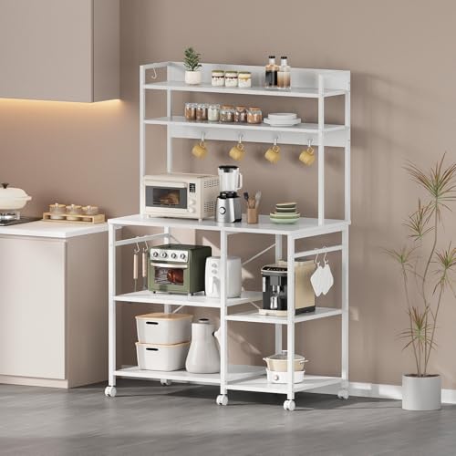 YeTom レンジラック キッチンラック レンジ台 キャスター付き 高さ調整可動棚 レンジボード キッチン棚 電子レンジ ラック キッチン 収納 トースターラック 幅90×奥行40×高さ155cm 十個フック 白い