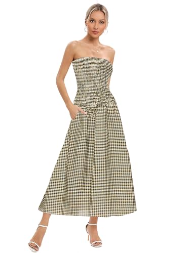 Aigeman Women Strapless Tube Maxi Dress Flowy Swing Long Sundress Sleeveless Summer Boho Beach Dress with Pokets 3302