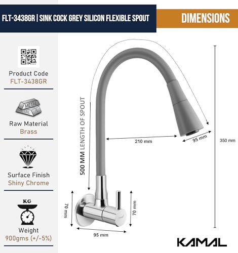 Image of KAMAL Full Brass Sink Tab Cock Flexo Play Grey (Dual Flow Flexible Swivel Spout 360 Degree) Bib Tap Faucet (Wall Mount Installation Type)