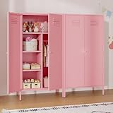 LINGZOE Metal Wardrobe Cabinet with Magnetic Doors, 57' Tall 2-Door Armoire with Hanging Rod & 2 Adjustable Shelves, for Closet, Garage, Storage Room, Bedroom, Pink