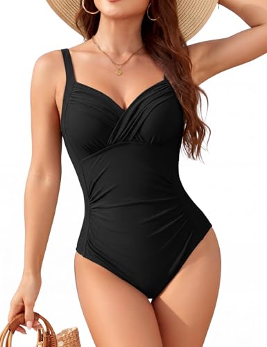 Image of Nadeer Womens One Piece Swimsuit Tummy Control Swimming Costume Ruched Padded Slim Swimwear Vintage V Neck Cross Push Up Bathing Suits Black