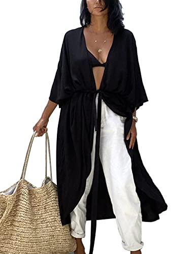 QUNERY Donna Stampato Floreale Kaftan Vestiti da Spiaggia Lungo,Cardigan con Scialle Allentato Estiva,Copricostumi da Bagno con Cintura B-Nero Taglia Unica