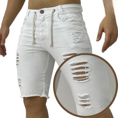 Bermuda Linha Premium Modelo Destroyed Branco Com Cordão (BR, Cintura, 42, Slim, Regular, branco)