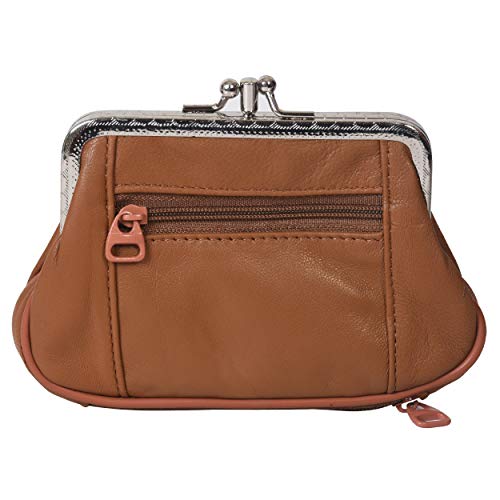 Women's Leather Metal Frame Double Clasp Zipper Coin Purse 5 1/4" X 3 1/4" (Tan) #TOP7