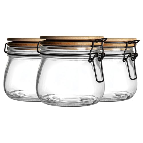 Argon Tableware Glass Storage Jar with Airtight Wooden Clip Lid - 500ml - 3 Pack - Kitchen Container Round Preserving Jar for Pickling, Chutney, Jam, Coffee, Oats