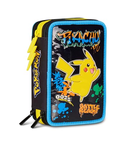 Seven Pokémon Trousse d'école 3 Zip, Noir, Porte-Stylo Triple Compartiment Complet avec Stylets, Crayons, Couleurs, Accessoires, école Primaire, Enfant,...