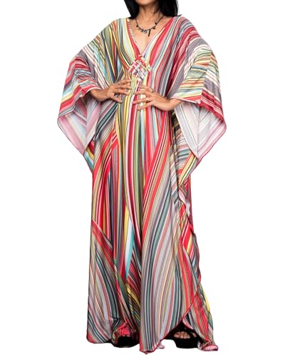 Bsubseach Women Print Beach Kaftan Dress Short Sleeve Plus Size Bathing Suit Cover Ups