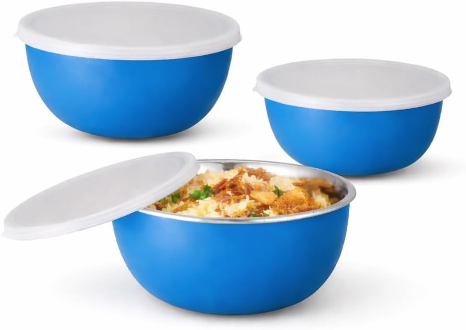 Stainless Steel Mixing Bowl Set with Lids, Microwave Safe Food Storage Containers, 500ml 800ml 1250ml, Sand Brown, Pack of 3, Leak-Proof BPA-Free (Purple 3)