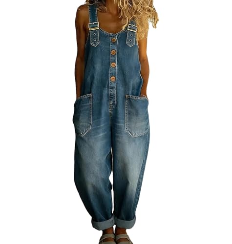 Mono Vaquero Desgastado Vintage de los años 90 para Mujer, sin Mangas, Ajuste Holgado, Dobladillo Enrollado, Pierna Recta, Mono Vaquero con Bolsillos,Azul,S