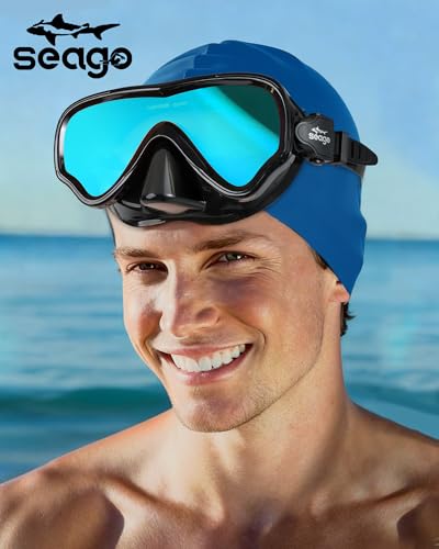 Image of Seago Adult Swim Goggles Mask Mirrored Tempered Lens, Anti UV /Fog No Blurring Clear Wide View with Nose Cover for Men Women