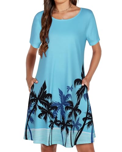 Image of Womens Summer Dresses Beach Casual Loose Tshirt Floral Short Sleeve Flowy Pockets Sundresses 2026