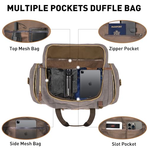 60L Travel Bags for Men, Nomad Canvas Duffle Bag Vintage Genuine Leather Travel Duffel Bag Multifunctional Weekender Overnight Backpack with Shoes Compartment (Grey, X Large-60L)4