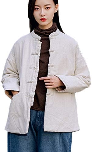 Manteau Femme Style Chinois - Longueur Mi-longue Matelassé Coton Lin - Automne Hiver - Col Mandarin Boutons Frog