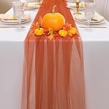 Snowkingdom Thanksgiving Fall Terracotta Table Runner, 10 FT Sheer Tulle Rust Burnt Orange Gauze Runner 120 Inch, Boho Table Decoration for Wedding Autumn Harvest Holiday Party