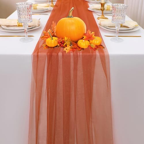 Snowkingdom Thanksgiving Fall Terracotta Table Runner, 10 FT Sheer Tulle Rust Burnt Orange Gauze Runner 120 Inch, Boho Table Decoration for Wedding Autumn Harvest Holiday Party