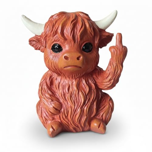 Mini Middle Finger Highland Cow Statue, Funny Resin...