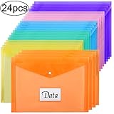 24pcs Plastic Envelopes Poly Envelopes Transparent File Envelopes with Label Pocket & Snap Button, Letter Size/A4, Assorted Colors, for School, Home Office Supplies