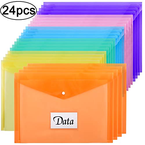 24pcs Plastic Envelopes Poly Envelopes Transparent File Envelopes with Label Pocket & Snap Button, Letter Size/A4, Assorted Colors, for School, Home Office Supplies