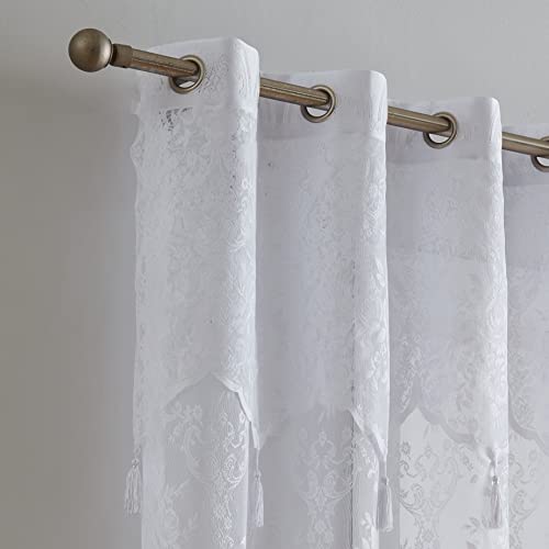Decosource - Semi Sheer 102" Extra Wide X 84" Long Lace Curtains For Patio Doors With Attached Valance And Tassels - English Rose Design - Sliding Door Panel (1 Panel 102" W X 84" L Each, White) #TOP4