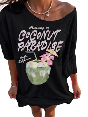 Image of SXV STYLE Women's Casual Letter Print Asymmetric Neck Loose Short Sleeve T-Shirt,