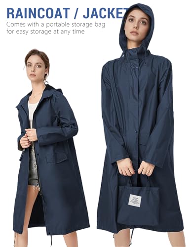 Image of Venzina Raincoat for Women High Waterproof Hooded Rain Jacket Zip-up Rain Coat Knee-length Lightweight Rainwear with Storage Pouch, Stylish A-line Poncho for Camping, Commutes, Travel