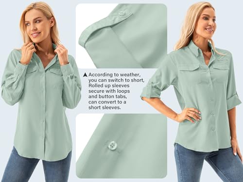 Womens UPF 50+ UV Sun Protection Safari Shirts Long Sleeve Outdoor Cool Quick Dry Fishing Hiking Gardening Shirts (5072 Bean Green M) by Jessie Kidden - Image 5