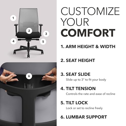Image of HON Ignition 2.0 Mid‑Back Ergonomic Office Chair, Mesh Task Seating with Lumbar Support, Advanced Synchro‑Tilt, Height and Width Adjustable Arms, Black Frame, Fog