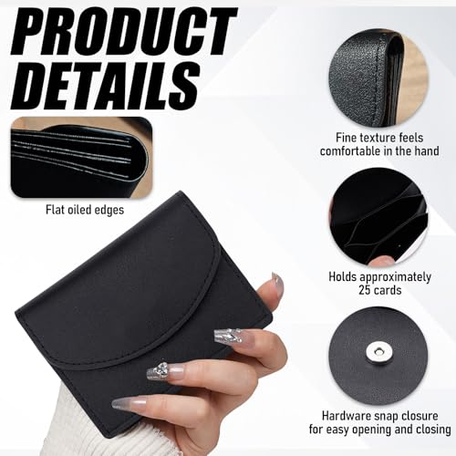 3 Pcs PU Leather Business Card Holders, Square Pocket Business Card Holder Wallet for Men with Metal Snap Button for Storing Change, Credit Cards, ID Cards (Black)4