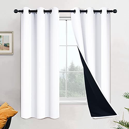Image of Yakamok Pure White 100% Blackout Curtains 63 Inches Long 42 inch Wide 2 Panel | Blackout Curtain Panels for Bedroom, 2 Thick Layers Grommet Top Thermal Insulated Drapes with Black Liner for Living Room