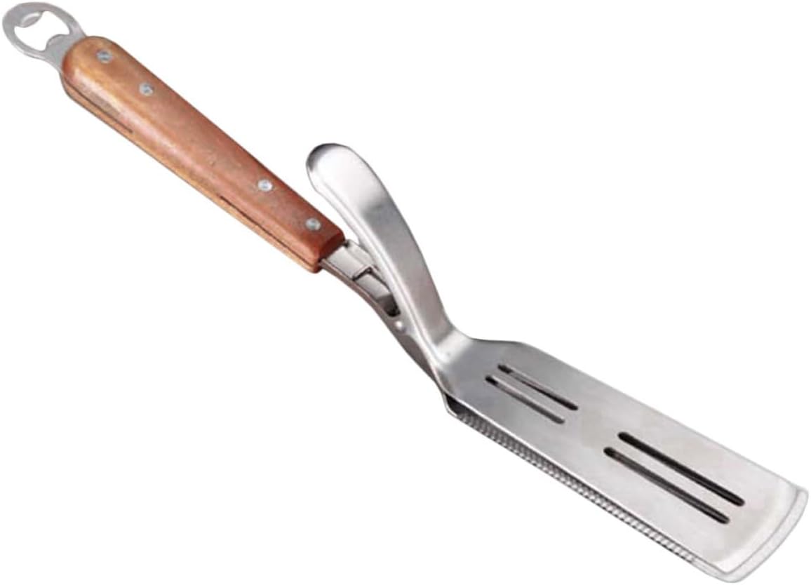 Garneck Wooden Handle Stainless Steel Spatula Tong Fish Frying Tool for Home Restaurant