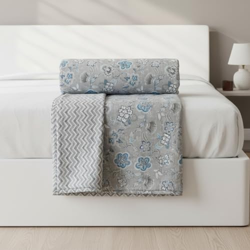 Image of HOMEMONDE 100% Cotton Reversible Dohar Double Bed Size | AC Blanket Comforter | Soft Lightweight Bed Blanket Quilt (84 x 94 Inch, Light Grey & White, Pack of 1)