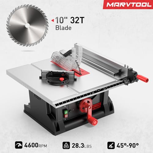 Marvtool 4600RPM Portable Table Saw 10 inch, 15Amp Tablesaw, 90°Cross Cut & 0-45°Cutting, Multifunctional Benchtop with 36T Blade for DIY, Furniture Making, Woodworking thumbnail 2