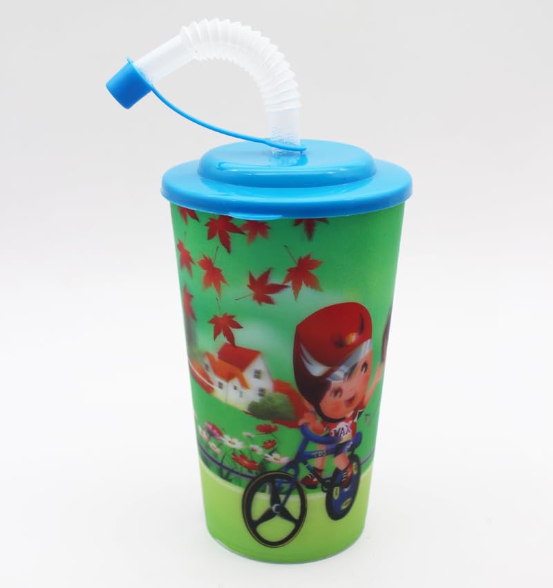 cartoon character 3d plastic sipper cup with straw and lid, 3d glass sipper with flexible straw for kids (500ml- pack of 1)