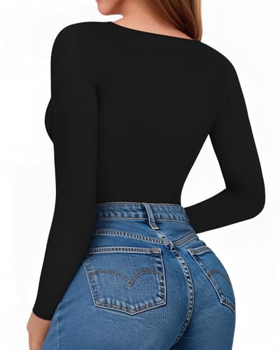 Image of Mangopop Women' Long Sleeve Ribbed Bodysuit Jumpsuits