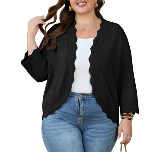 OLRIK Plus Size Cardigan for Women 3/4 Sleeve Lightweight Casual Open-Front Ribbed Wave Edges Knit Cropped Shrugs Sweaters2