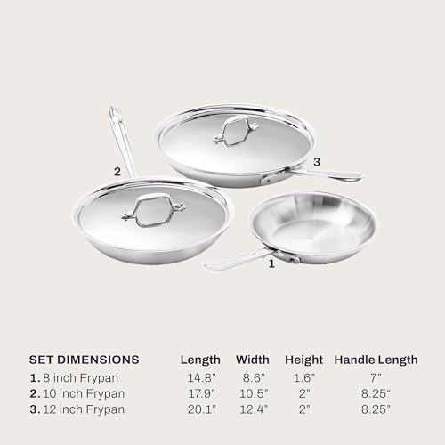 Image of All-Clad D3 Stainless Steel 5 Piece Frypan Set- Made in USA- Includes 8 inch, 10 inch and 12 inch Frying Pans With Lid - Professional Grade -Oven Safe & Induction Compatible