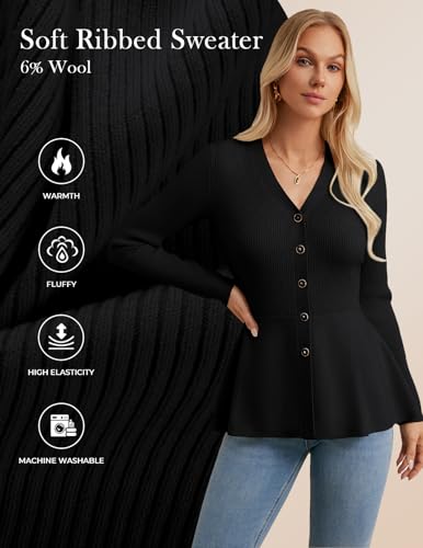 GRACE KARIN Long Sleeve Cardigan Sweaters for Women, Button Up Knit Blazer, Lightweight Business Casual Peplum Tops2