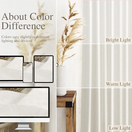 Image of Nanspring Extra Long 112 Inch Long Beige White Linen Curtains Back Tab Neutral Farmhouse Light Filtering Semi Transparent Large Windows Ceiling to Floor for Living Room 2 Pack
