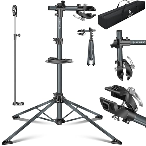 KESSER® Fahrradmontageständer Profi 50kg - 360° drehbar für E-Bike, Mountainbike & Fahrrad, höhenverstellbarer Reparaturständer, mit Werkzeugablage, Tragetasche & Schnellspanner, Anthrazit